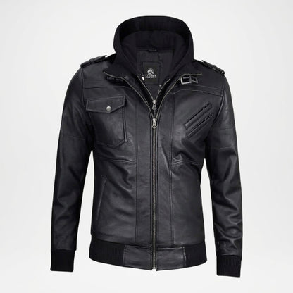 Black Leather Bomber Jacket for Men