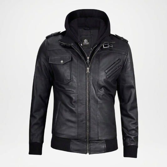Black Leather Bomber Jacket for Men
