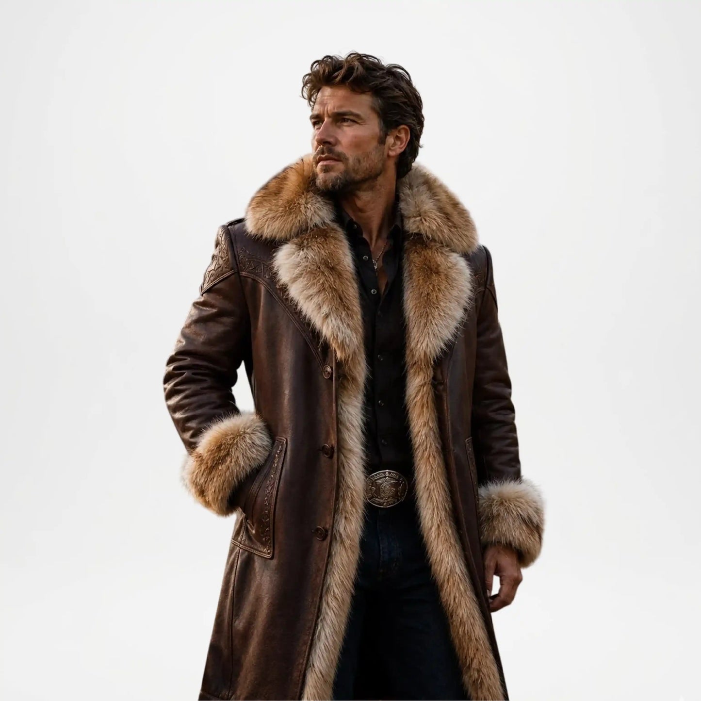 Brown Leather Coat With Fur Collar for Men Winter Style