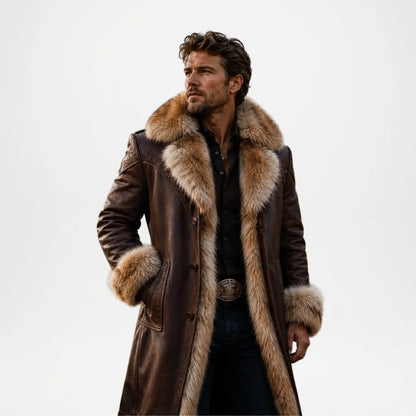 Brown Leather Coat With Fur Collar for Men Winter Style