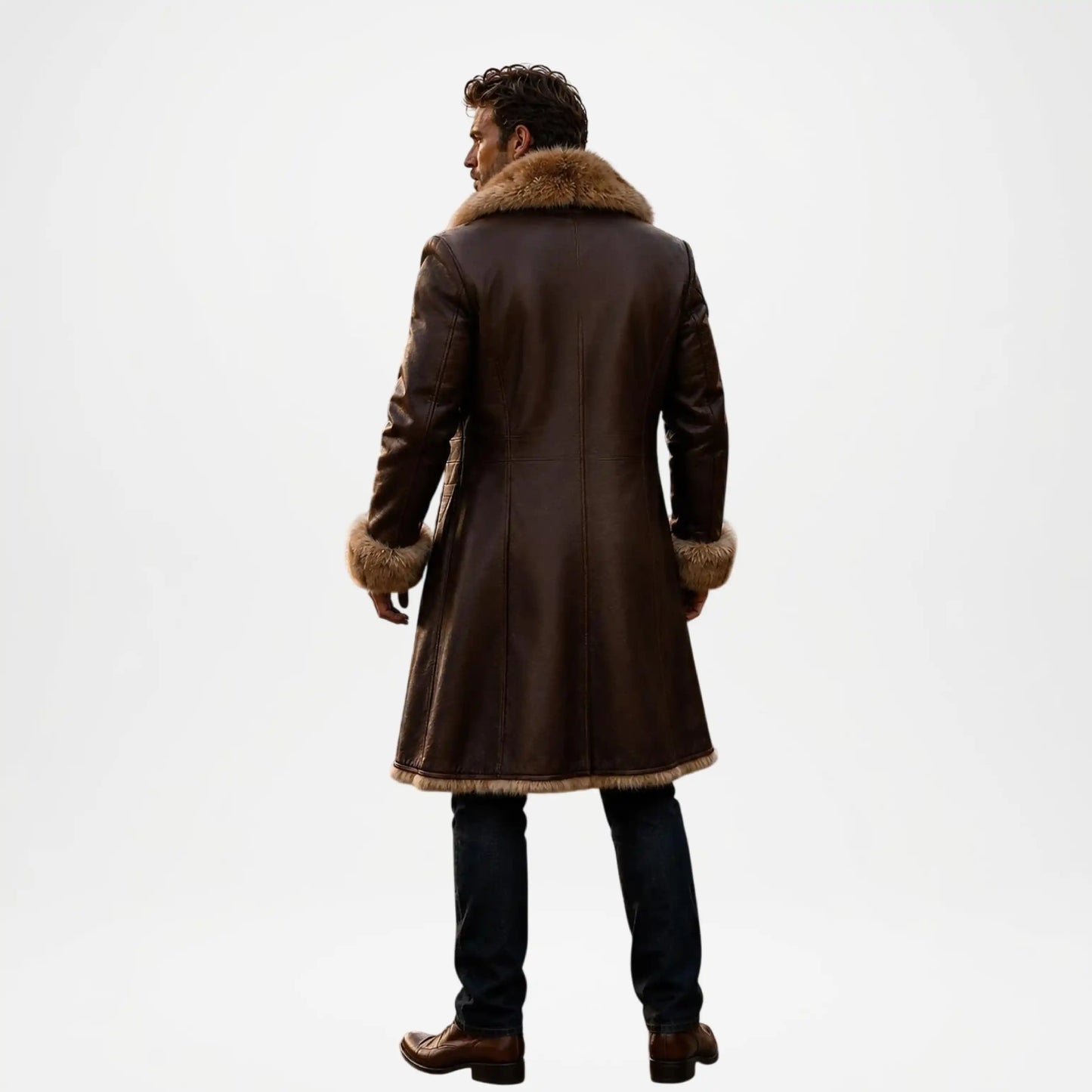 Brown Leather Coat With Fur Collar for Men Winter Style