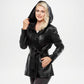 Woman wearing a black leather jacket with a hood on a white background
