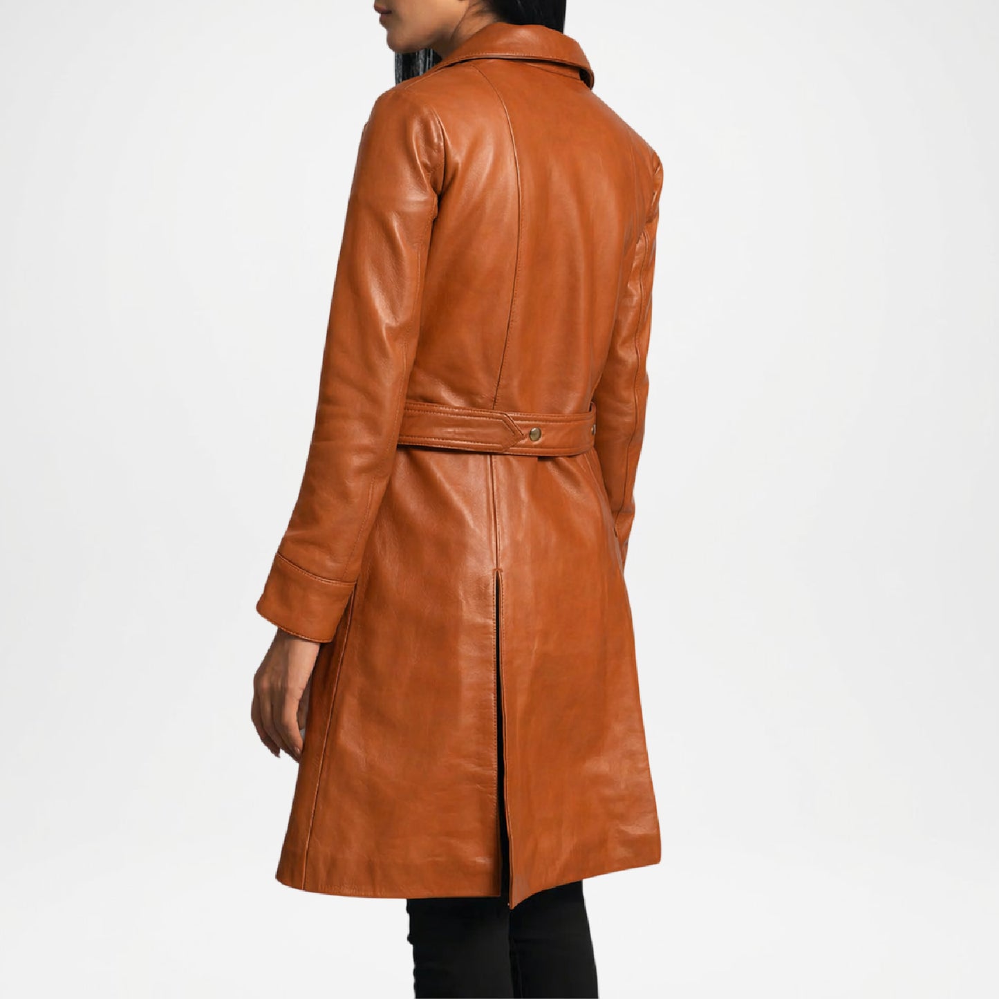 Brown leather coat worn by a person on a white background