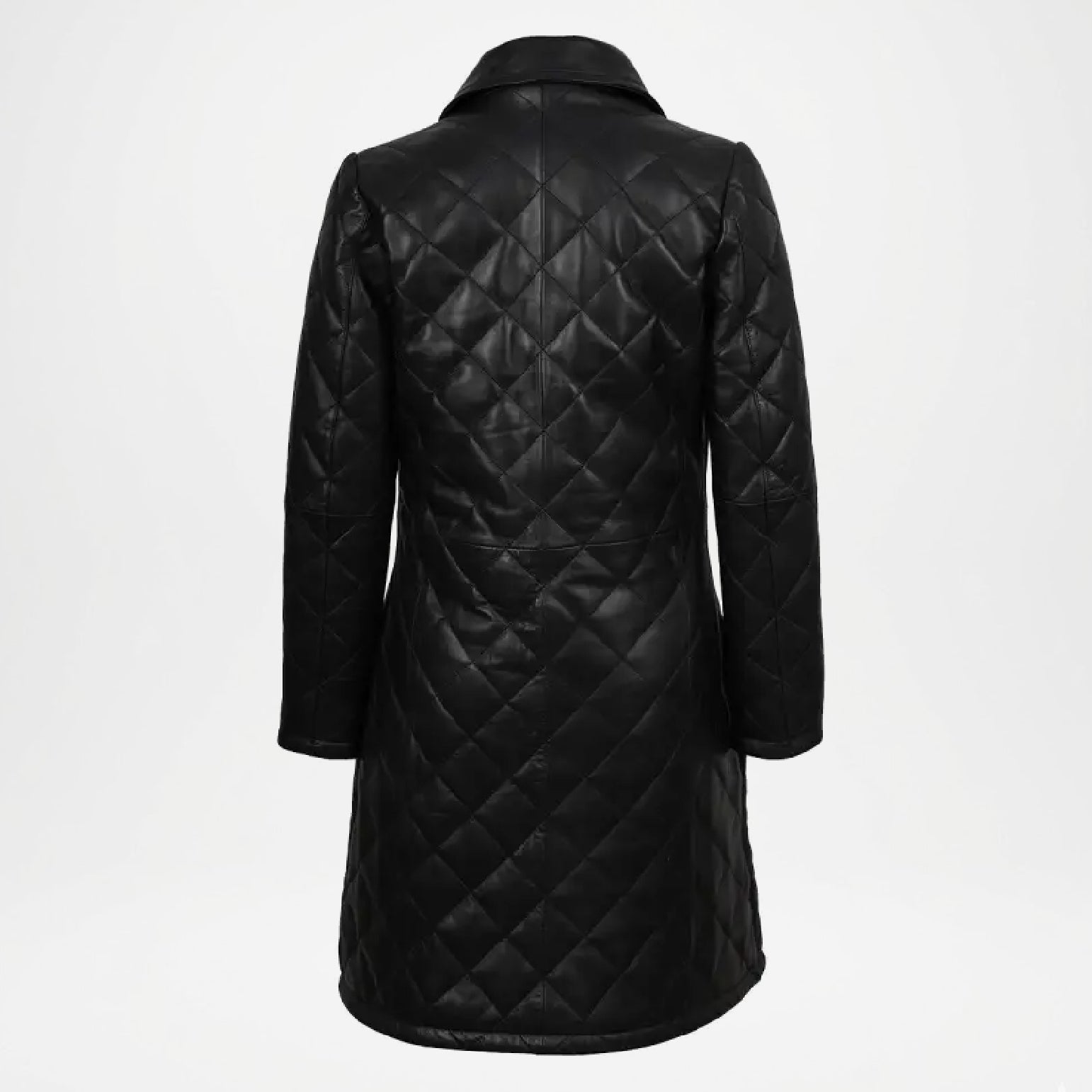 Black quilted coat on a white background
