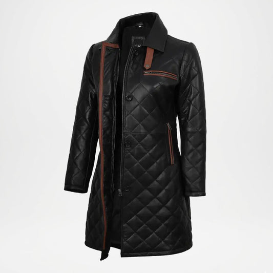 glen women's black quilted real leather car coat