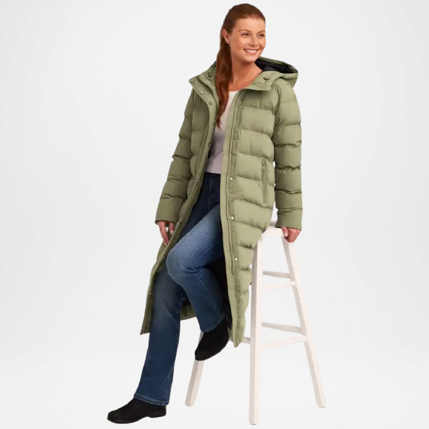 Green Hooded Longline Puffer Jacket for Women