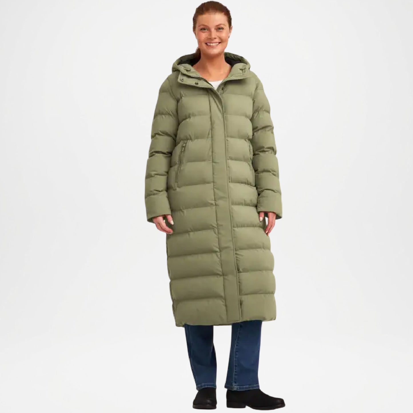 Green Hooded Longline Puffer Jacket for Women