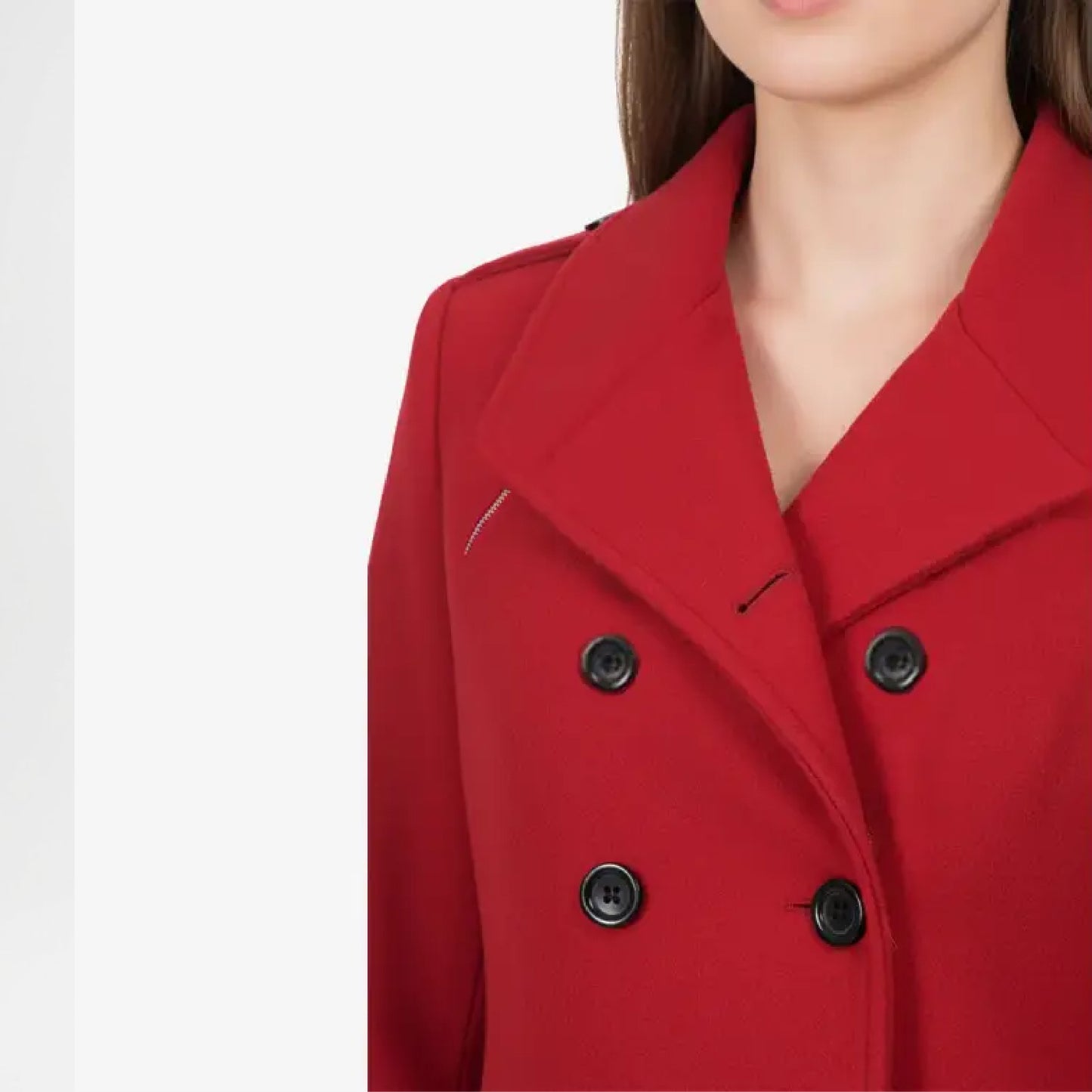 Red coat with black buttons on a white background