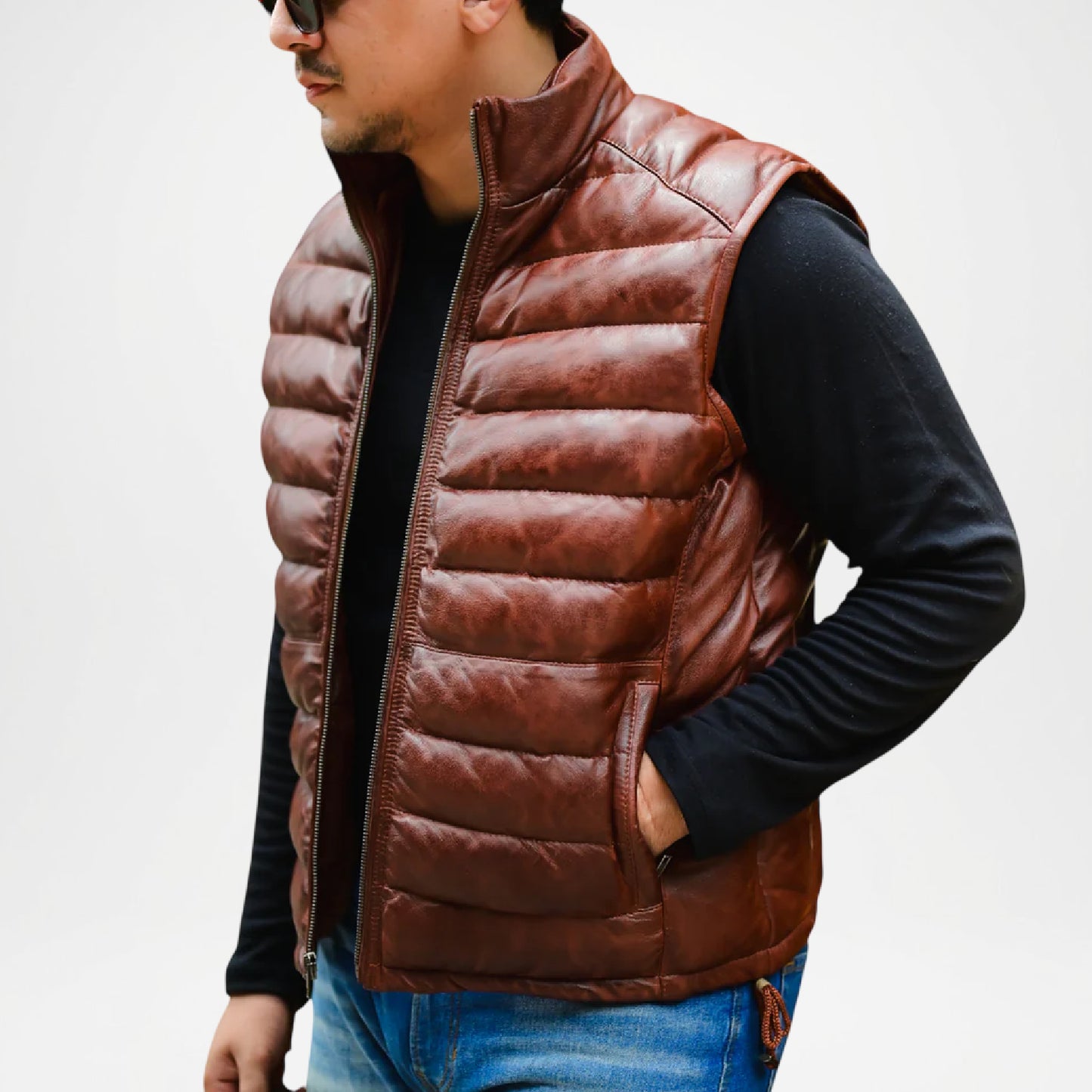 brown puffer leather vest