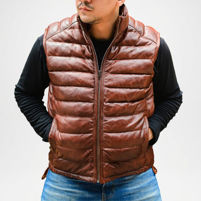mens brown leather puffer vest