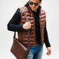 mens brown puffer leather gilet hood