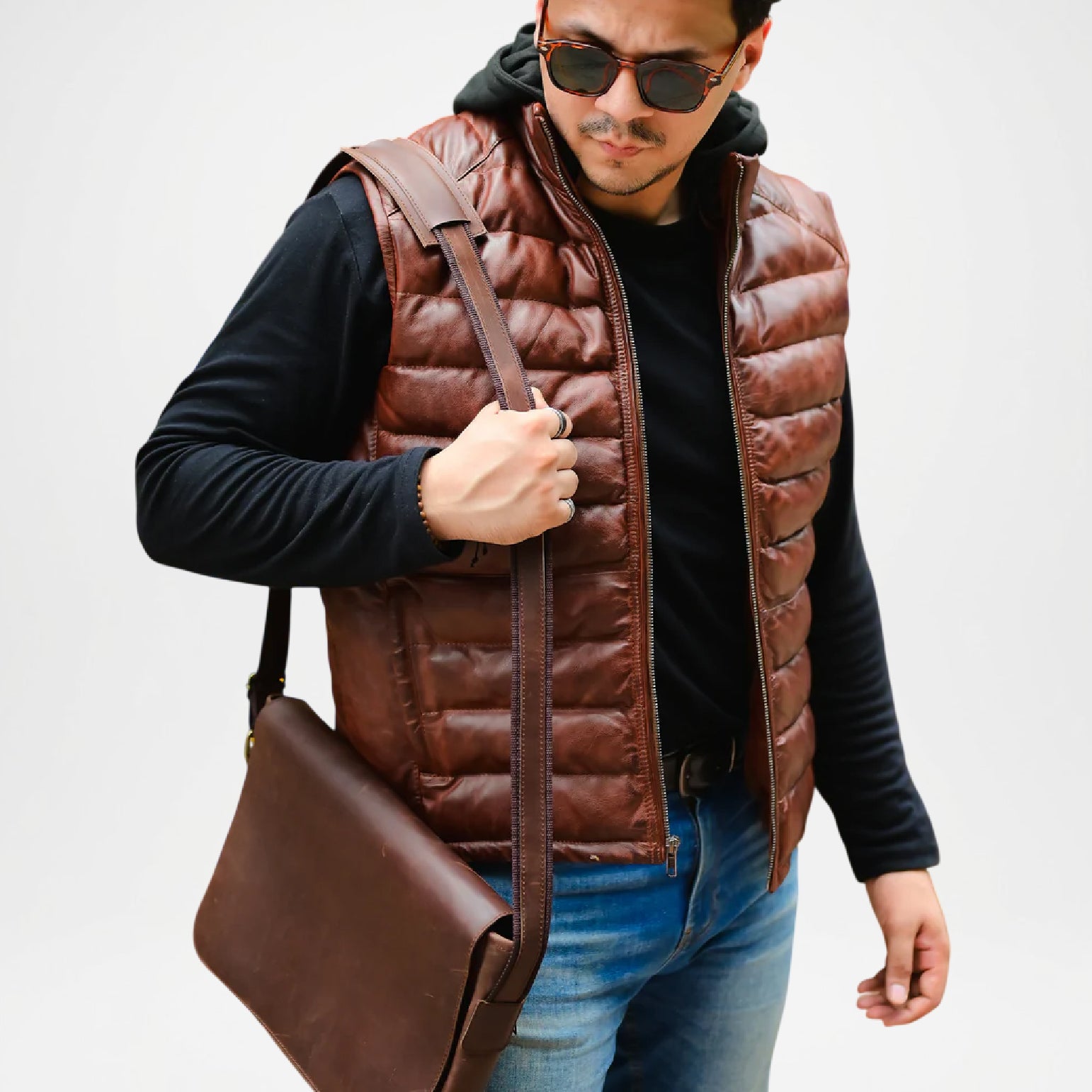 mens brown puffer leather gilet hood