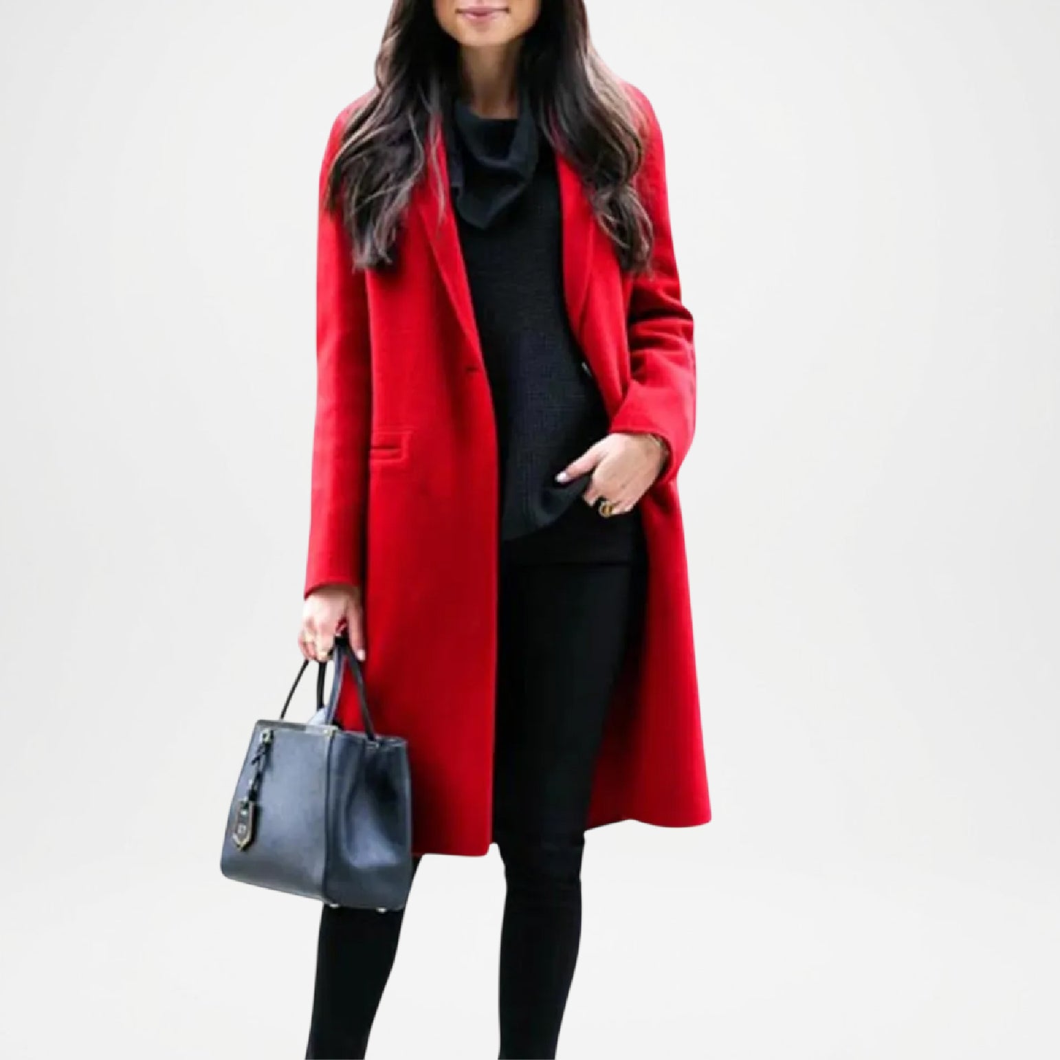 Woman wearing a red coat outfit