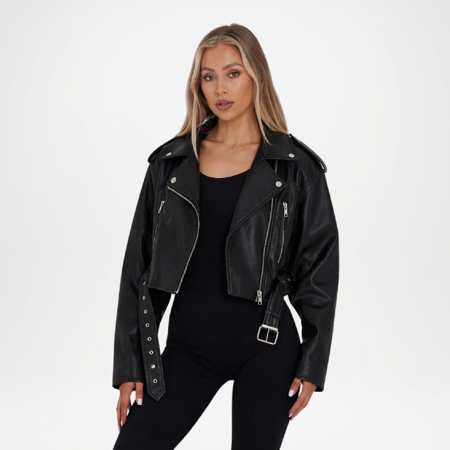 Black Cropped Leather Jacket for Women