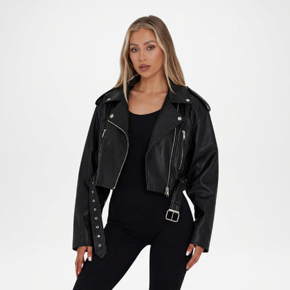 Black Cropped Leather Jacket for Women