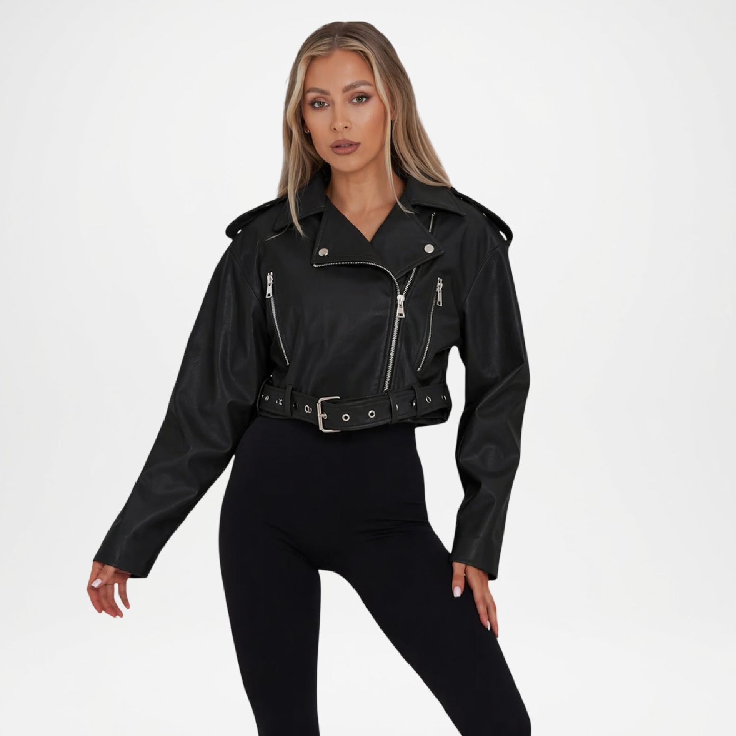 Black Cropped Leather Jacket for Women