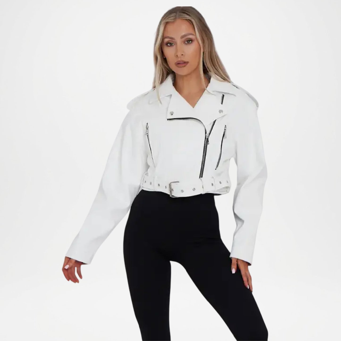 White Cropped Leather Jacket for Women