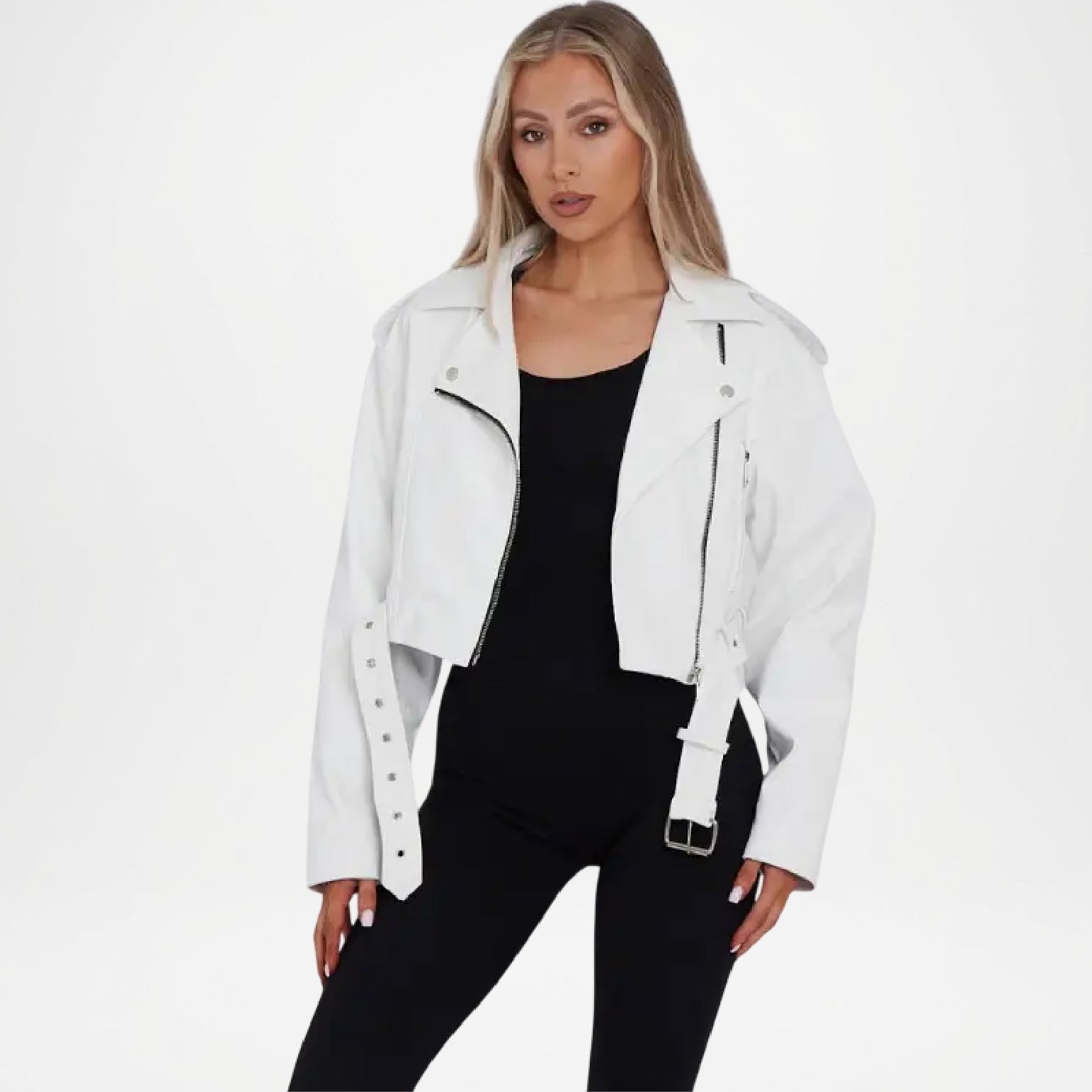 white cropped leather jacket
