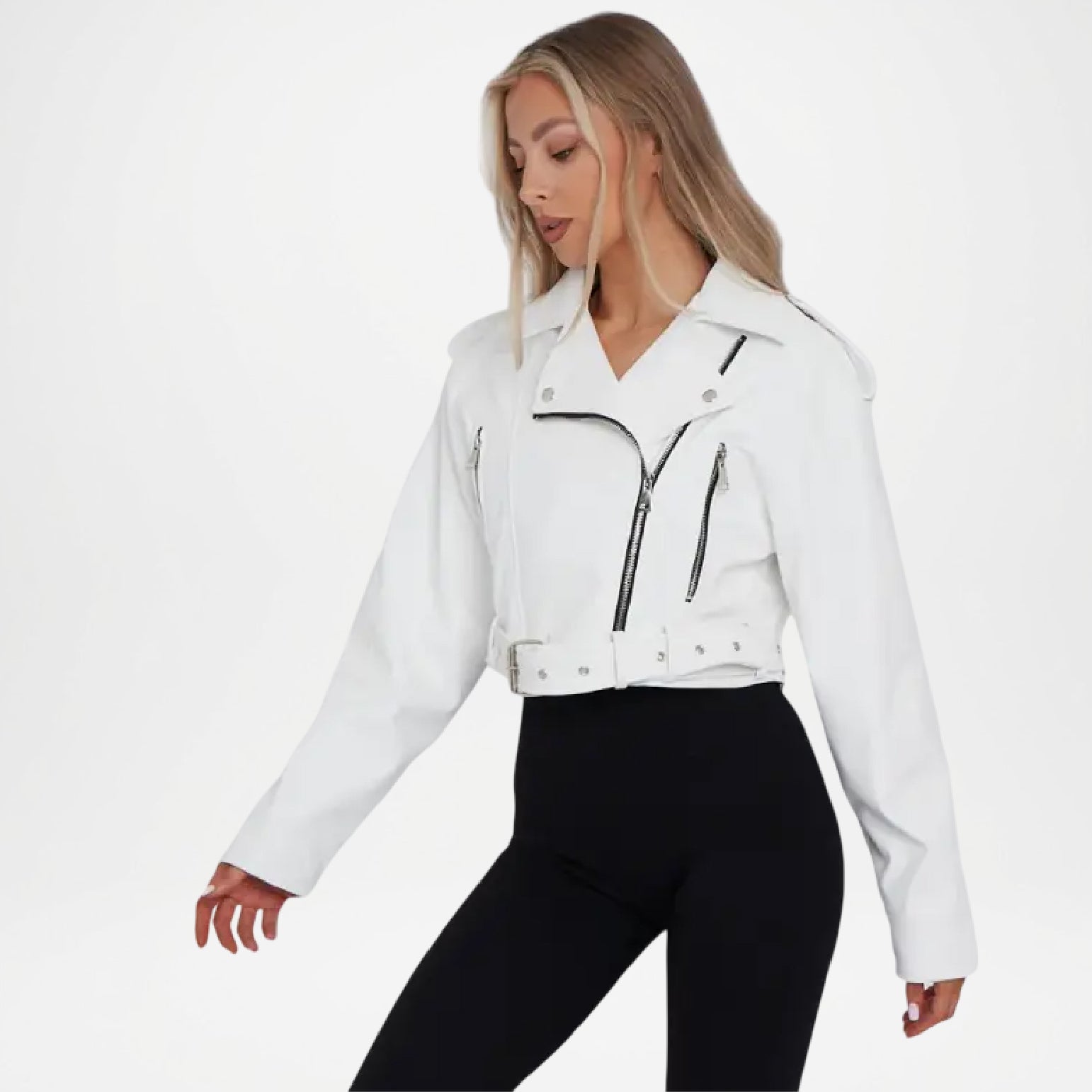 Woman wearing a white leather jacket on a white background
