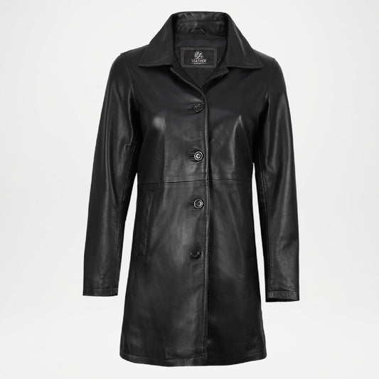 Black Leather Car Coat for Women