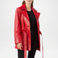 Red leather coat worn by a person on a white background