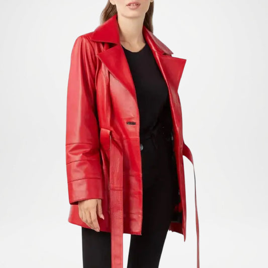 Red leather coat worn by a person on a white background