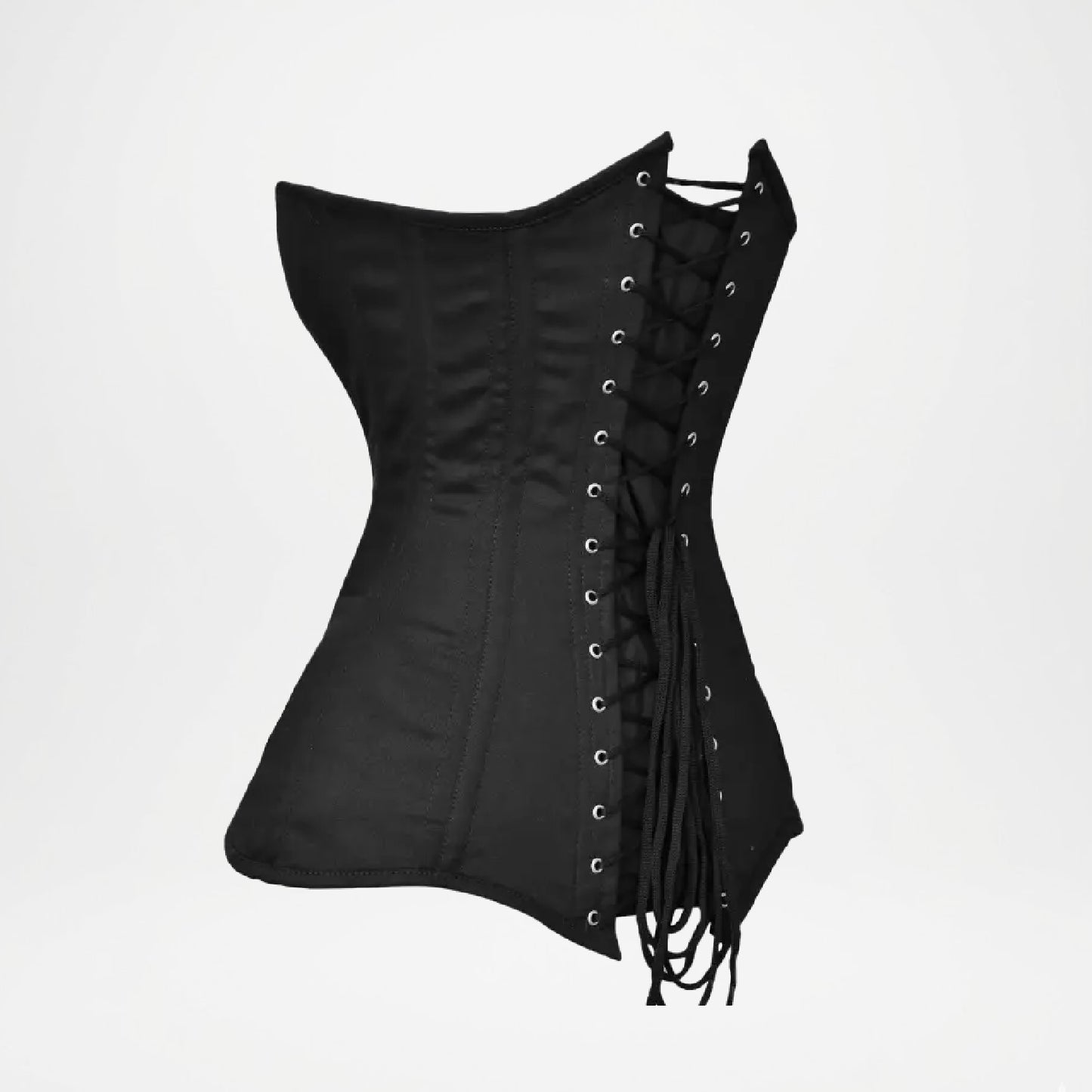 Black corset with lace-up front on a light gray background