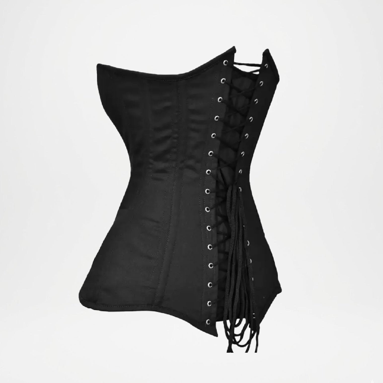 Black corset with lace-up front on a light gray background