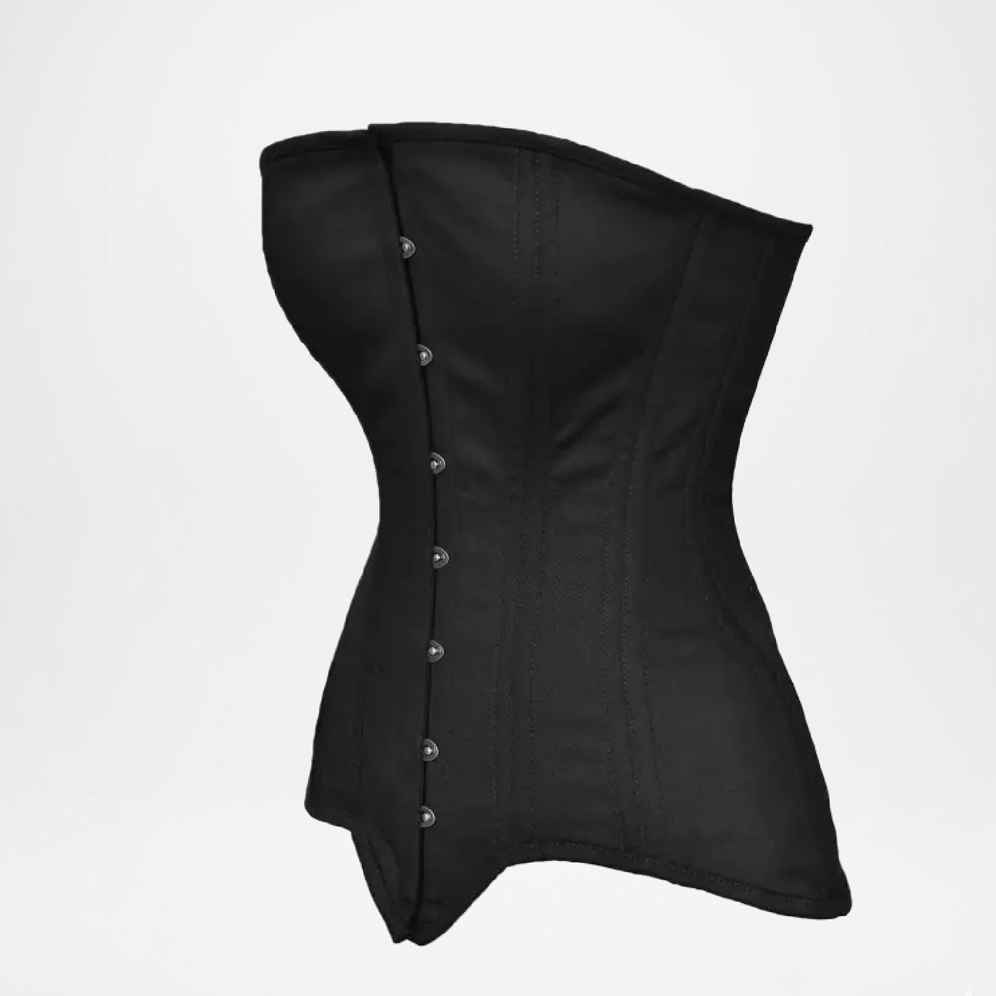 Black corset with buttons on a light gray background