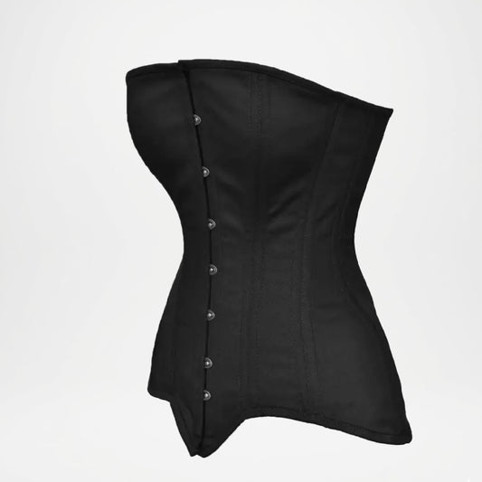 Black corset with buttons on a light gray background