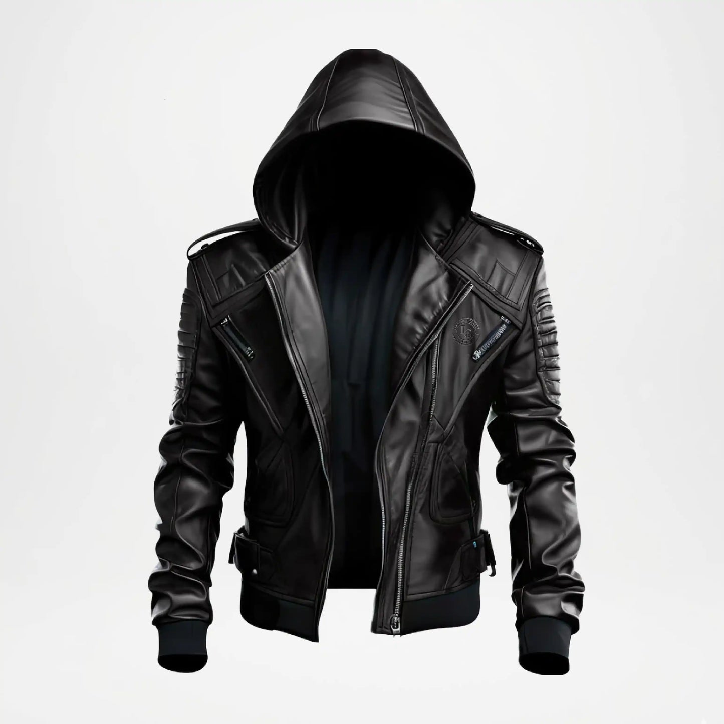 Black Hooded Mens Cowhide Leather Biker Jacket