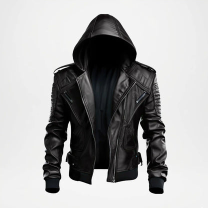 Black Hooded Mens Cowhide Leather Biker Jacket