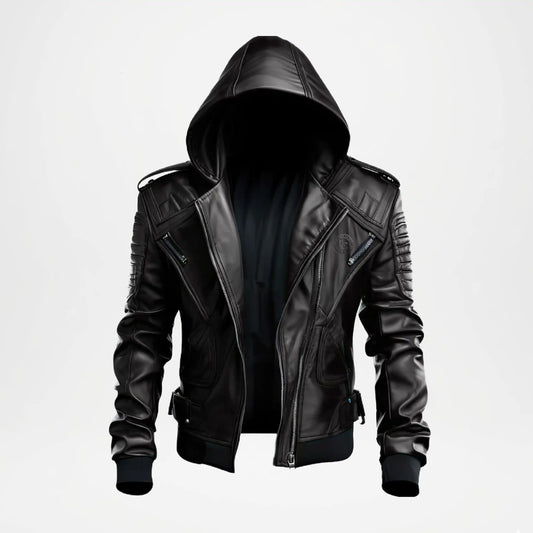 Black Hooded Mens Cowhide Leather Biker Jacket