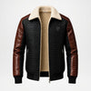 A men's zip-up jacket featuring a black crocodile-embossed leather body, brown alligator-embossed leather sleeves, and a thick cream sherpa collar and lining, shown on a white background.