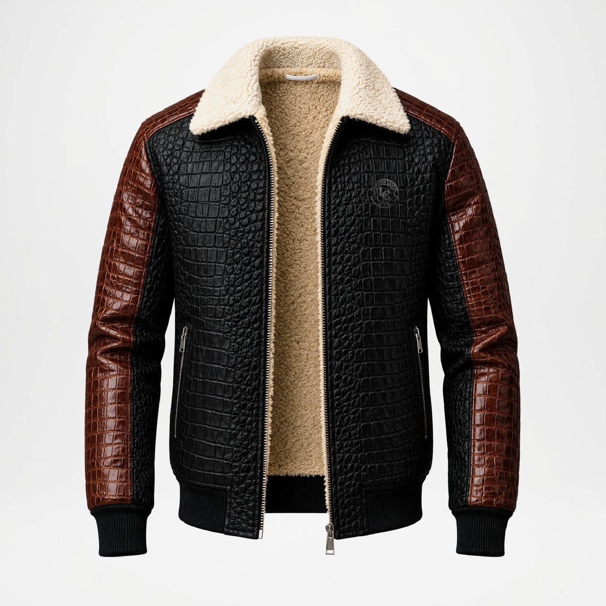 A men's zip-up jacket featuring a black crocodile-embossed leather body, brown alligator-embossed leather sleeves, and a thick cream sherpa collar and lining, shown on a white background.
