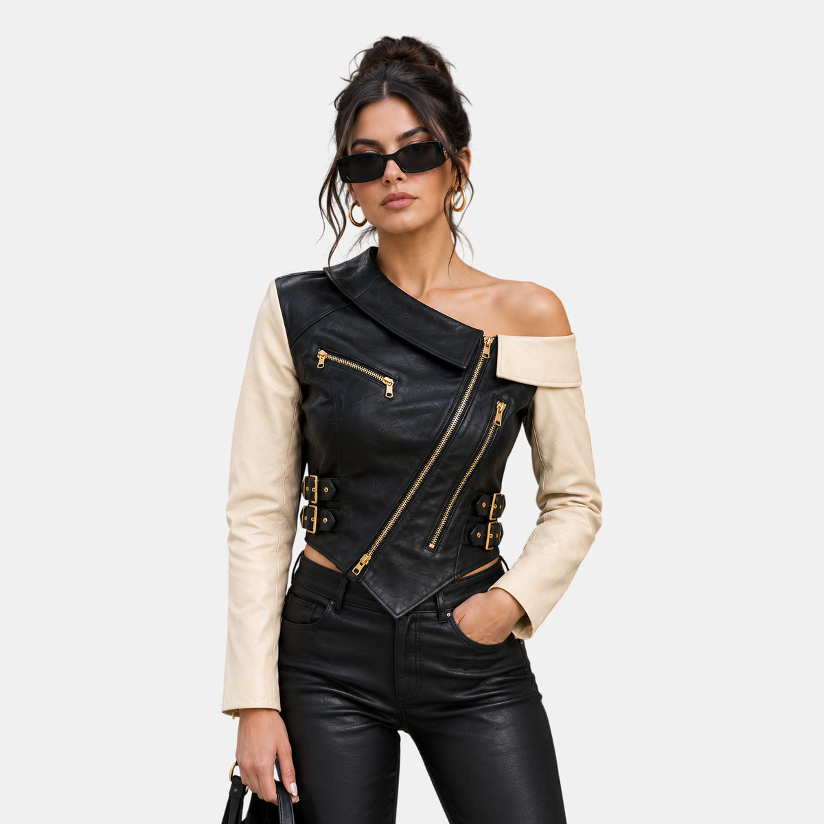 Women's Black and Cream Leather Biker Jacket