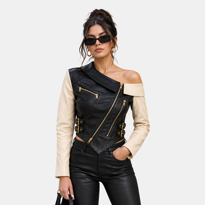 Women's Black and Cream Leather Biker Jacket