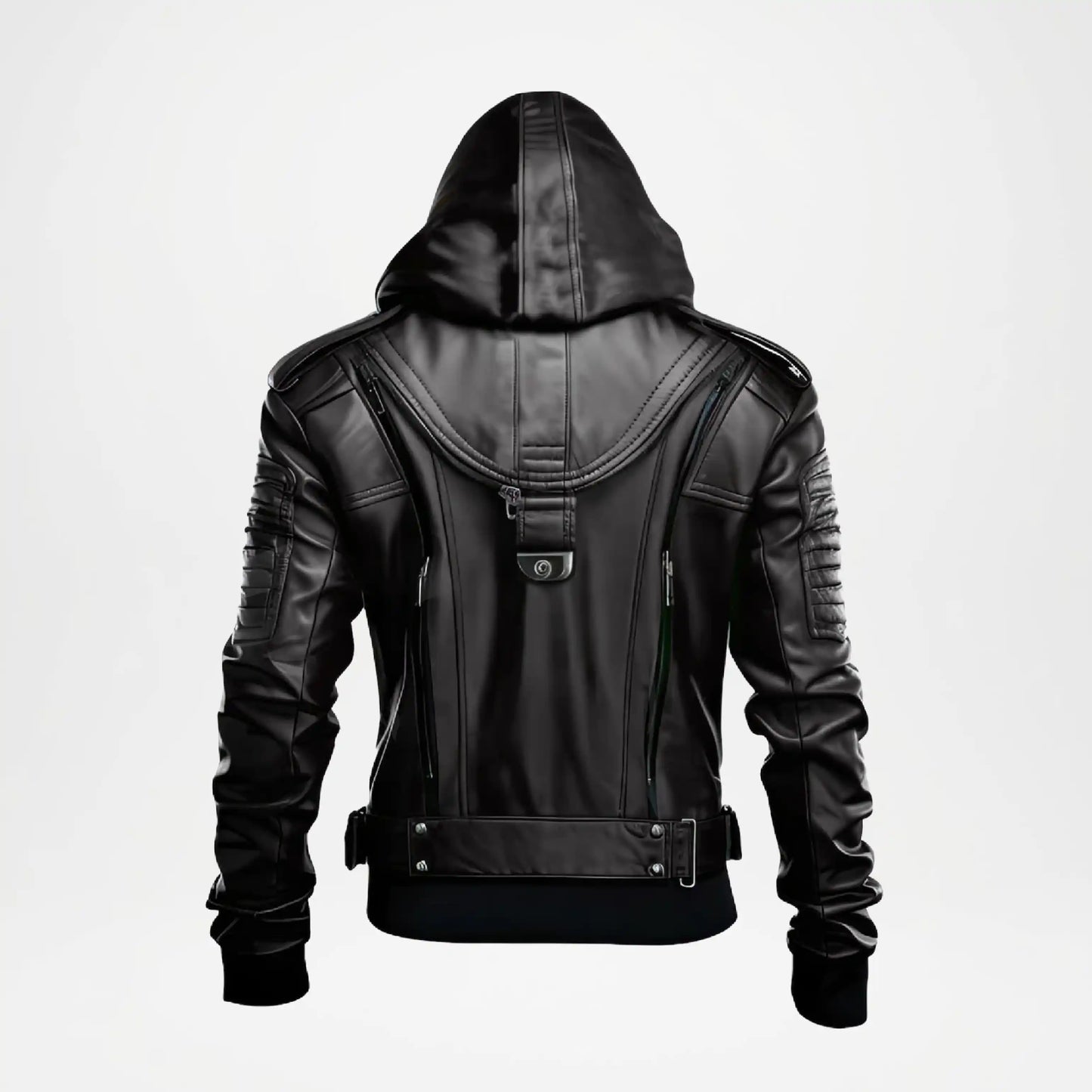 Black Hooded Mens Cowhide Leather Biker Jacket