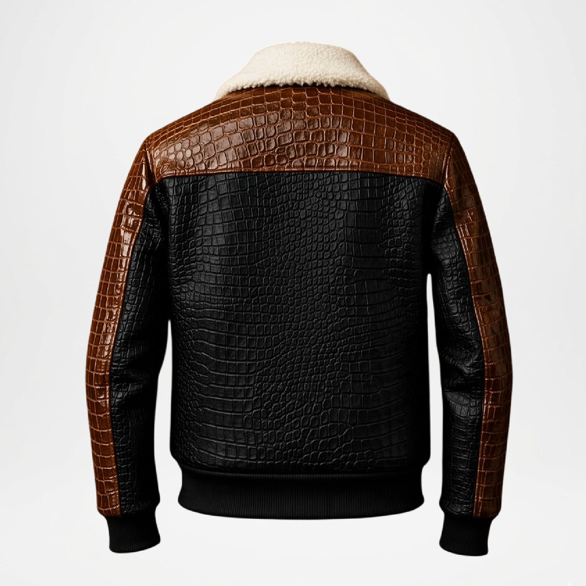 A luxury leather jacket shown from the back, featuring a black crocodile-embossed body, brown alligator-patterned shoulder and sleeve panels, and a cream-colored shearling collar, set against a plain light gray background.