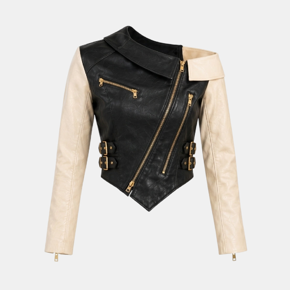 Women's Black and Cream Leather Biker Jacket