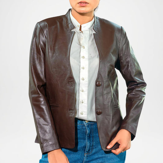 Brown Mandarin Collar Leather Coat for Women