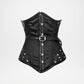 Black corset with silver buckles on a light gray background