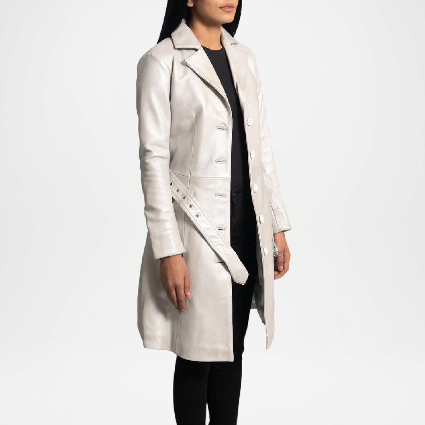 Woman wearing a white coat on a white background