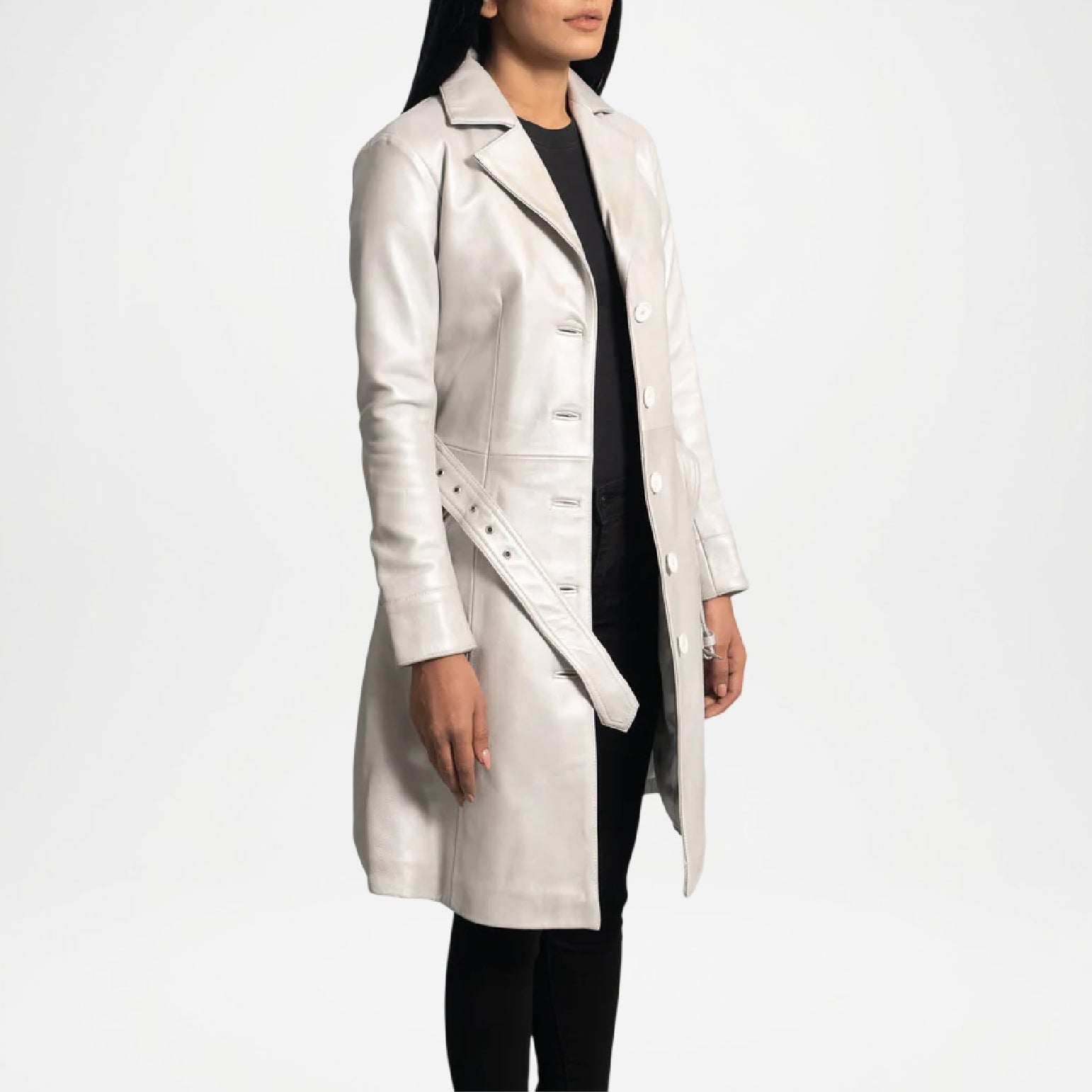 Woman wearing a white coat on a white background