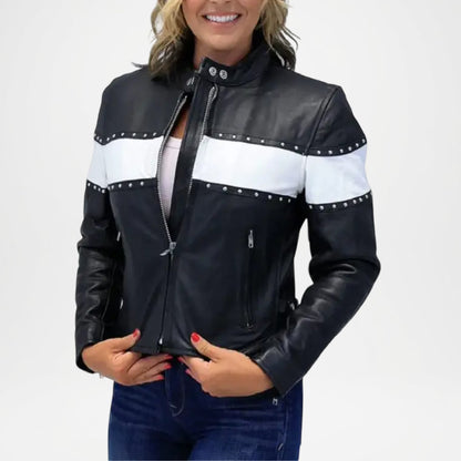 Black Studded Leather Biker Jacket for Women