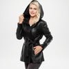 Woman wearing a black leather jacket with a hood