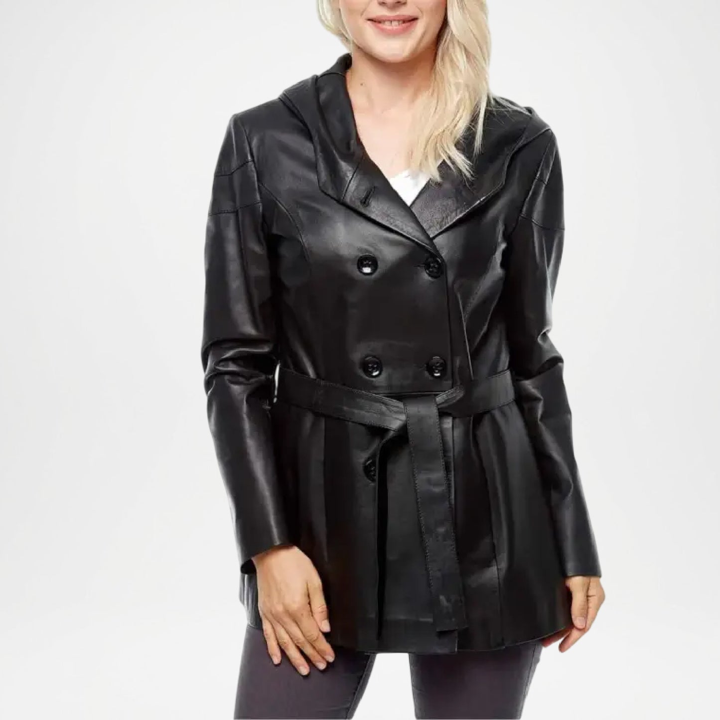 Black Hooded Leather Trench Coat Women
