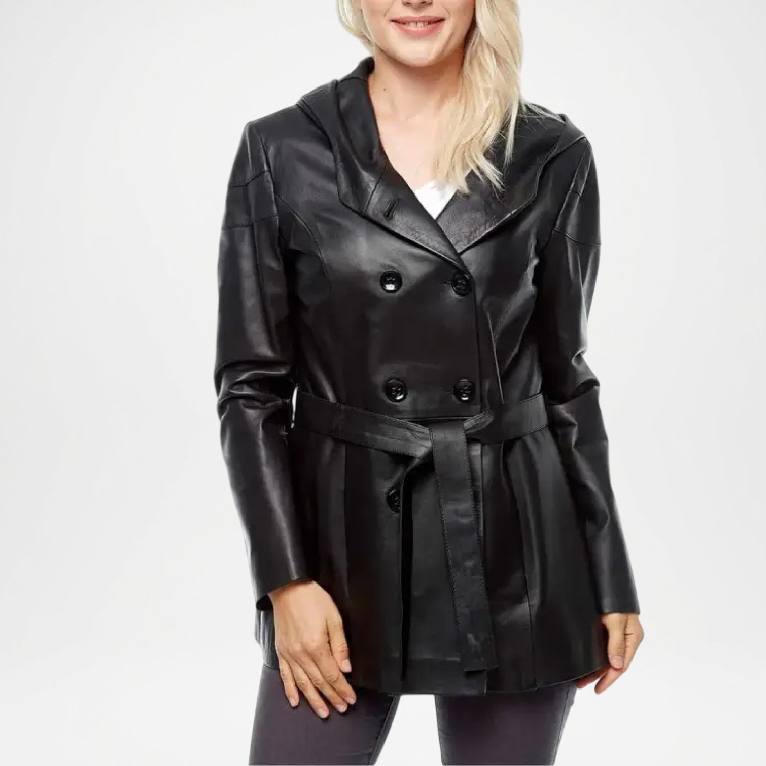 Black Hooded Leather Trench Coat Women
