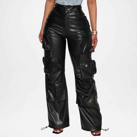 Black Leather Cargo Pants for Women