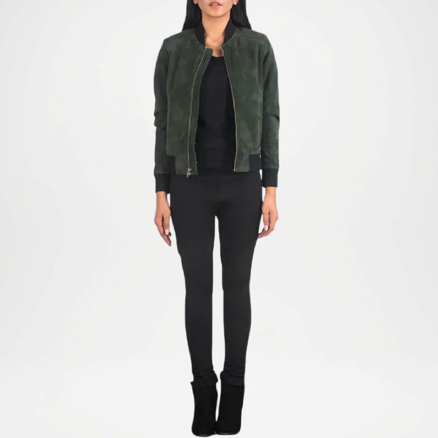 Green Suede Bomber Jacket Women